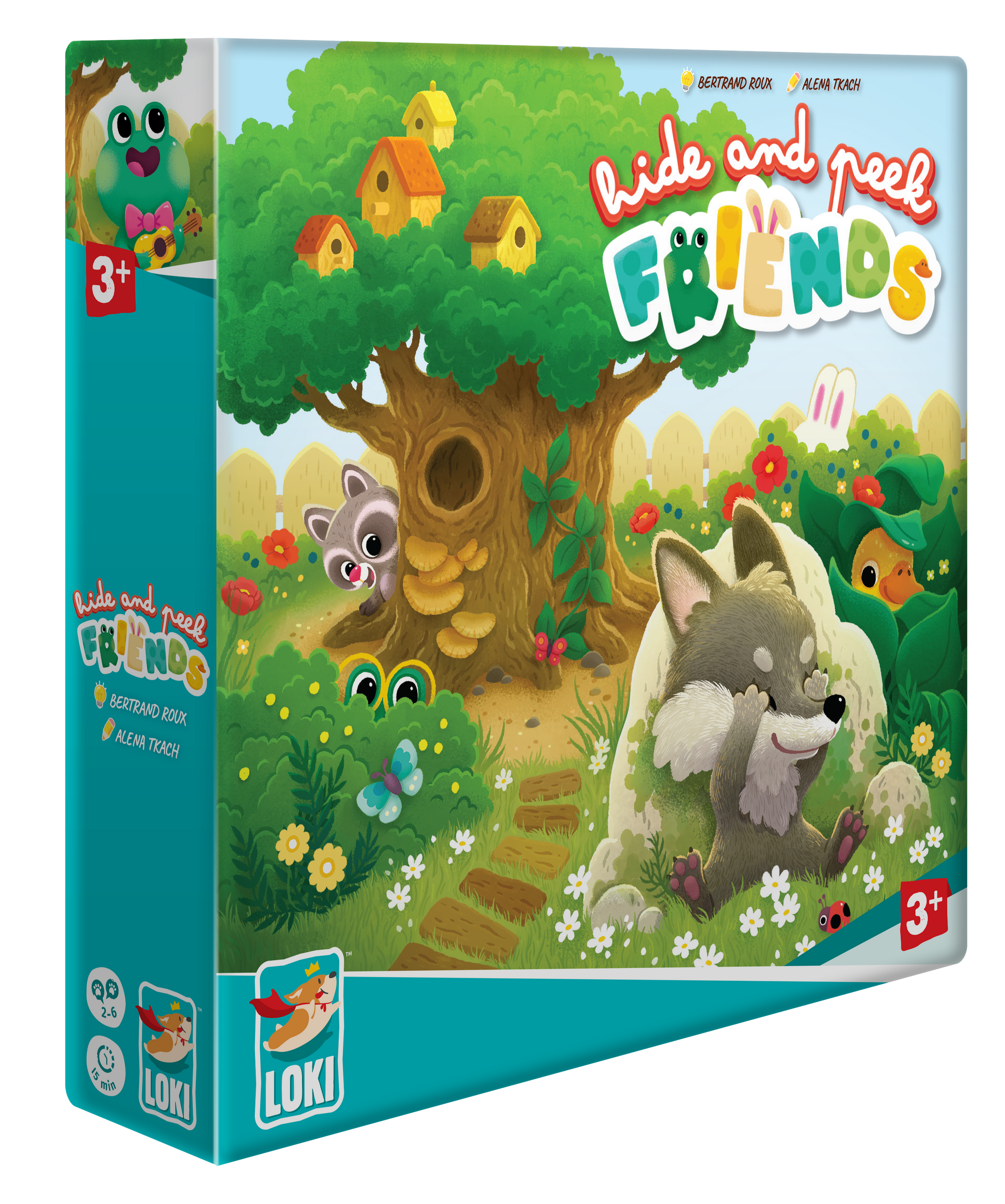 Colorful 'Hide and Peek Friends' board game box. A cartoon wolf covers its eyes while other forest animals peek from bushes.