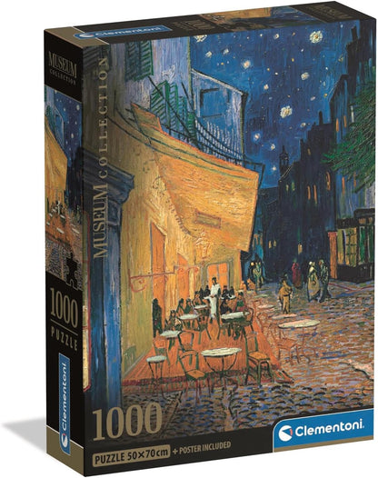 Clementoni Museum Collection 1000-piece jigsaw puzzle box  featuring Van Gogh's Café Terrace at Night, an illuminated cafe scene