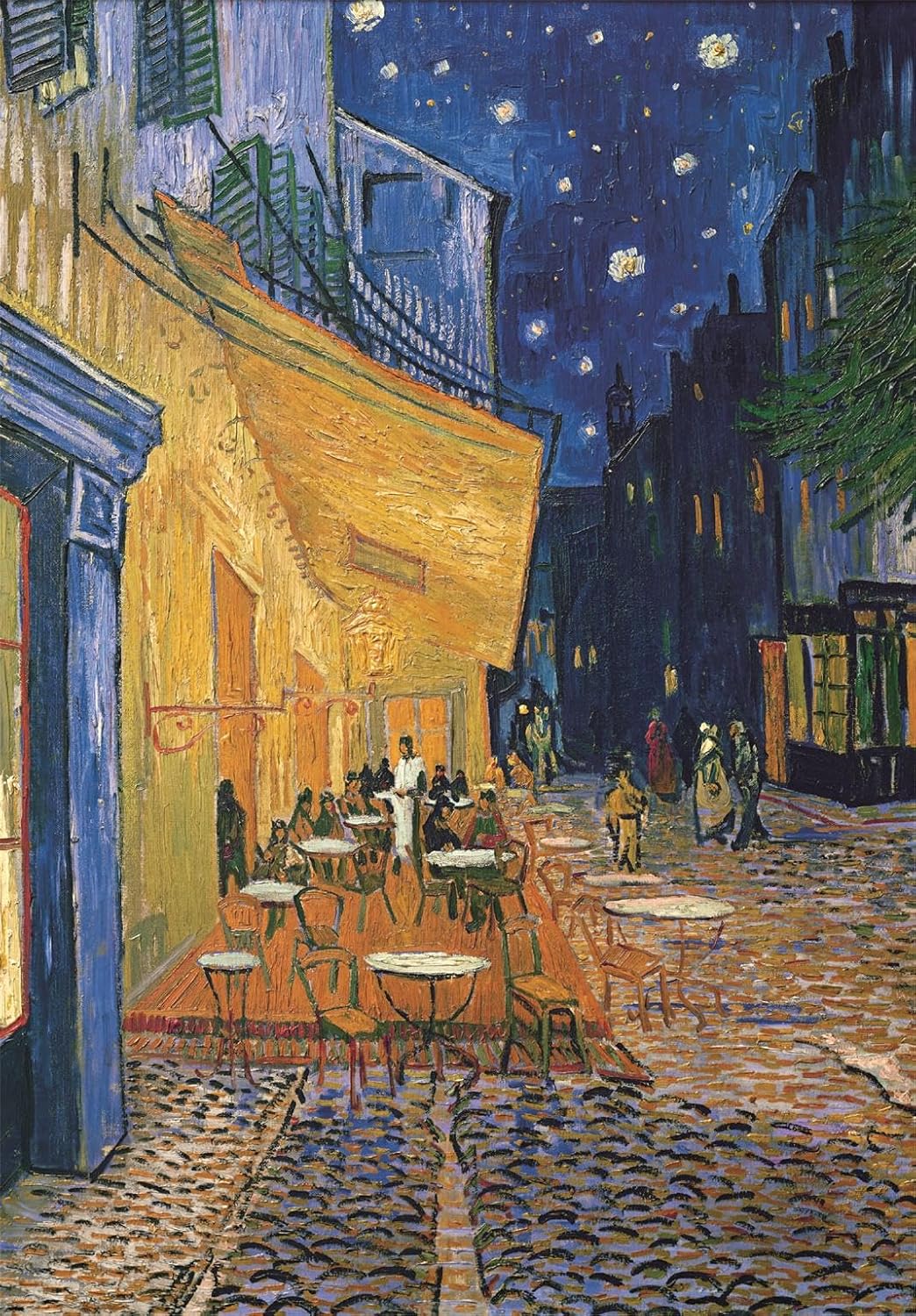 A glowing yellow café terrace with patrons and tables, leading to a cobblestone street under a dark, starry sky