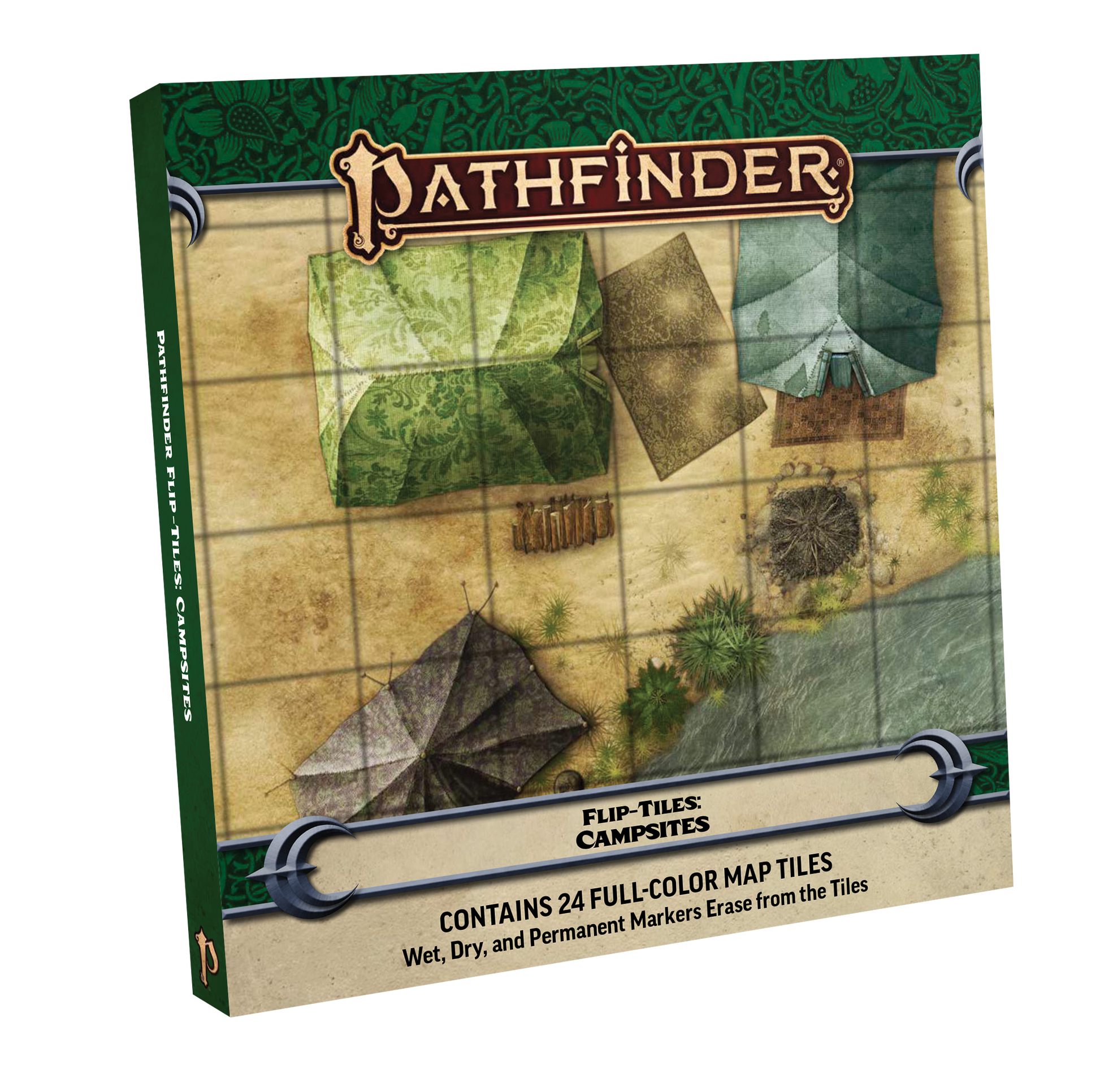 Pathfinder Flip-Tiles: Campsites cover shows a gridded map with tents, campfire, and a river.