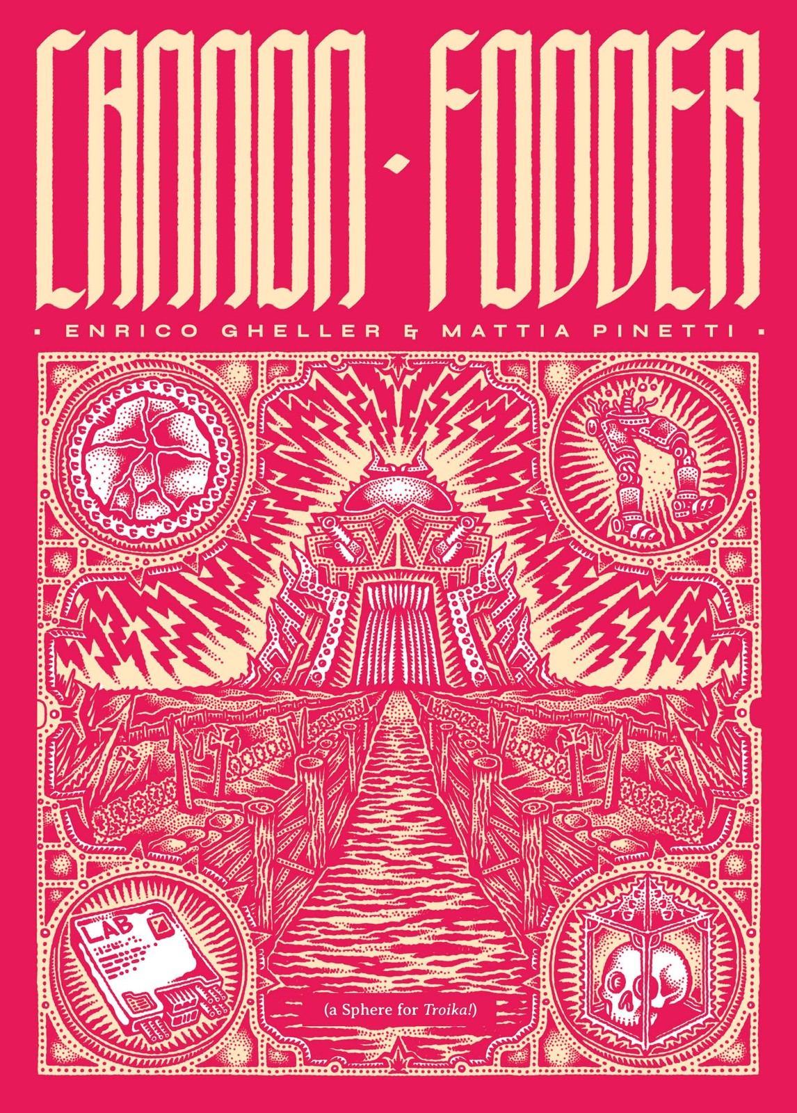 CANNON FODDER book cover, intricate red & cream sci-fi art: fortified gate with lightning & path, surrounded by emblems: exploding orb, robot arm, LAB device, skull in cube