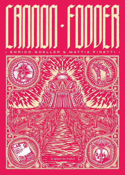 CANNON FODDER book cover, intricate red & cream sci-fi art: fortified gate with lightning & path, surrounded by emblems: exploding orb, robot arm, LAB device, skull in cube