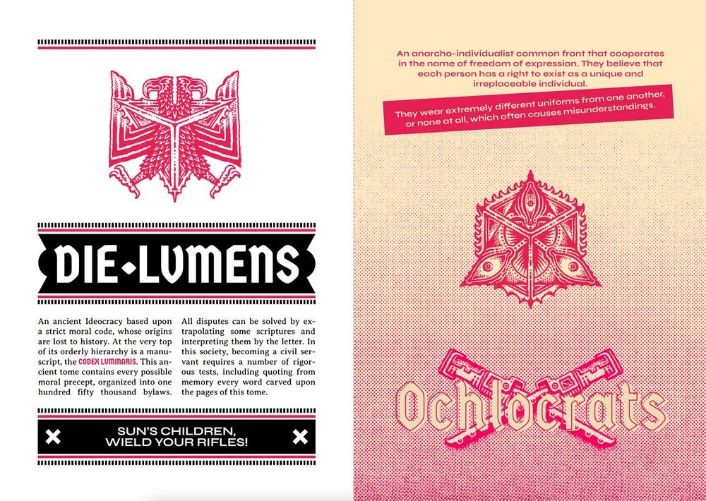 Left page (white): red bird emblem, 'DIE LUMENS' banner, 'SUN'S CHILDREN, WIELD YOUR RIFLES!' text, right page (pink-dotted): geometric eye emblem, 'Ochlocrats' text with crossed rifles