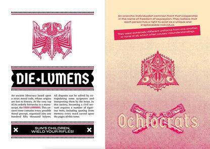 Left page (white): red bird emblem, 'DIE LUMENS' banner, 'SUN'S CHILDREN, WIELD YOUR RIFLES!' text, right page (pink-dotted): geometric eye emblem, 'Ochlocrats' text with crossed rifles