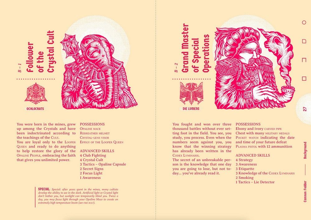 Stylized red illustrations: Crystal Cult follower with rebreather & mace, and Grand Master with military uniform & pipe