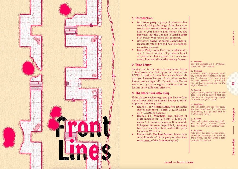 RPG map on a page with two zigzagging trenches, red danger zones, barbed wire, and game rules text
