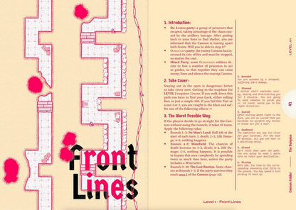 RPG map on a page with two zigzagging trenches, red danger zones, barbed wire, and game rules text