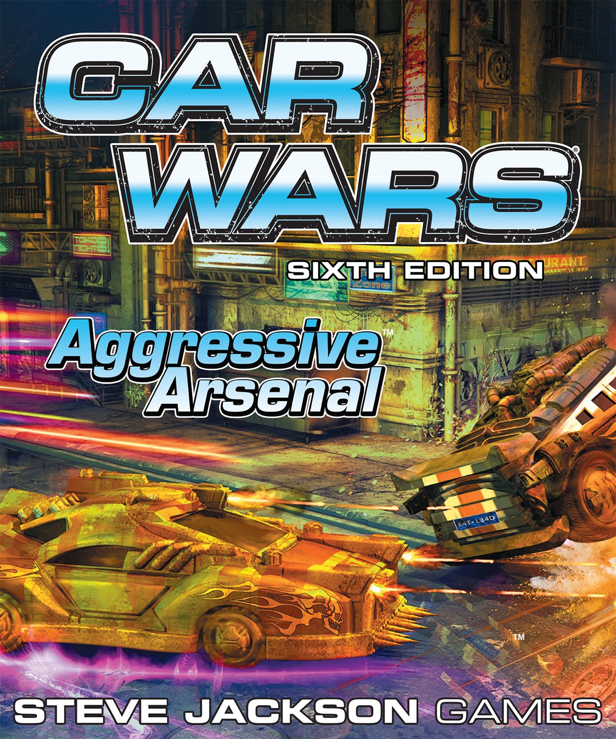 Car Wars Sixth Edition: Aggressive Arsenal cover, two weaponized cars battle with laser fire on a dark city street