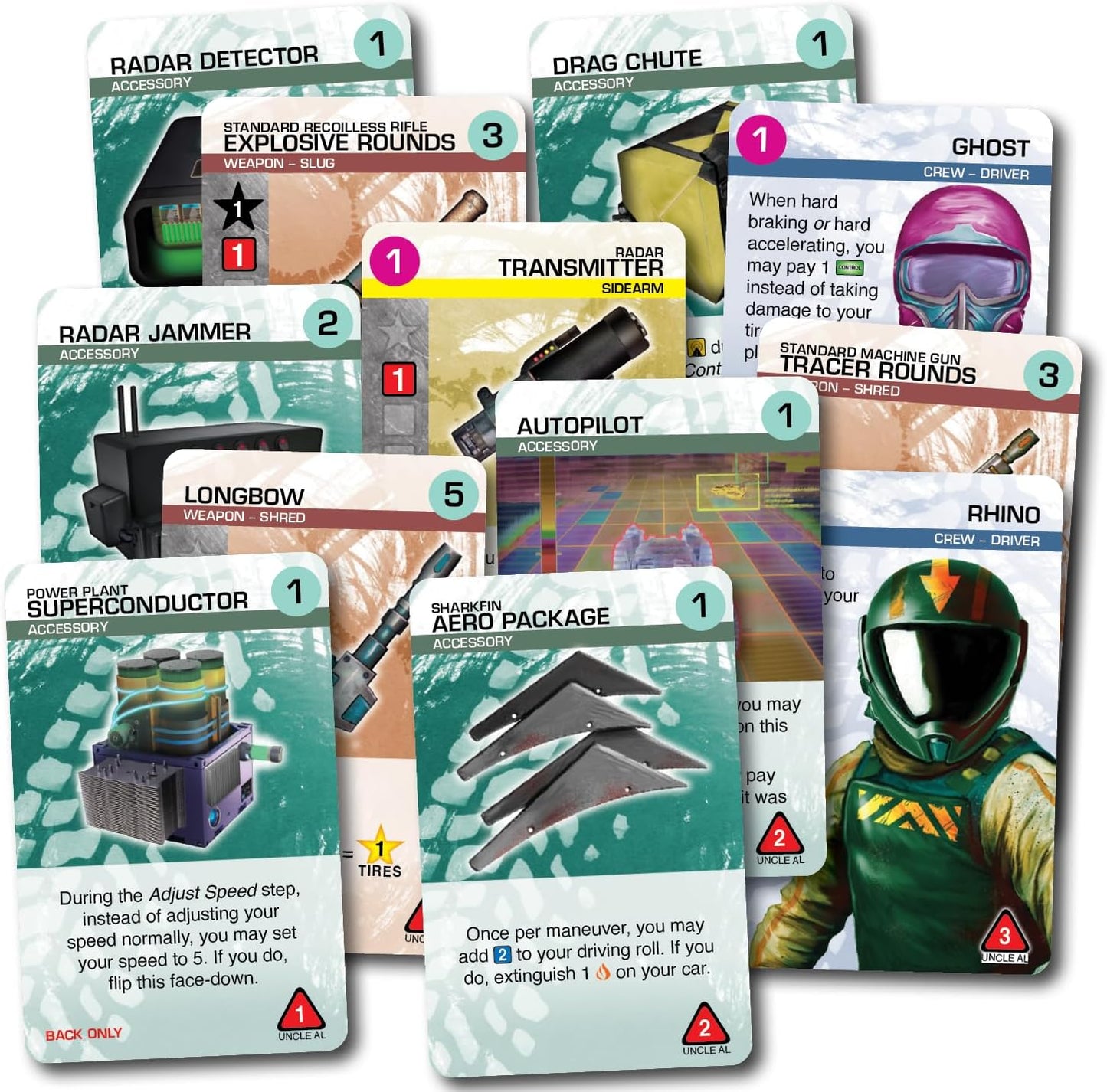 A fanned stack of colourful futuristic racing game cards, depicting vehicle parts, weapons, and driver characters