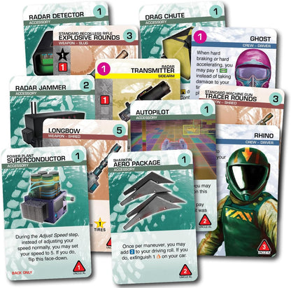 A fanned stack of colourful futuristic racing game cards, depicting vehicle parts, weapons, and driver characters