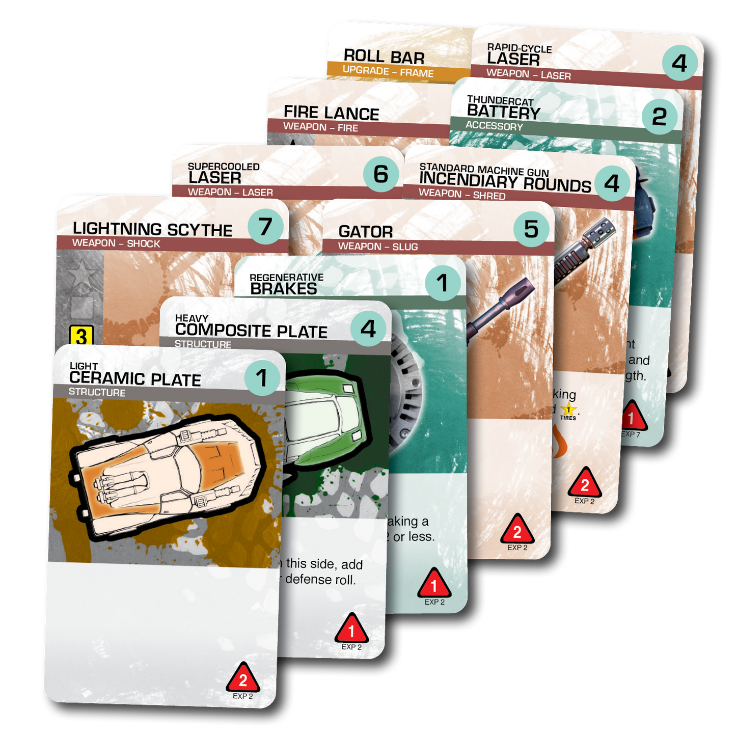 Fanned stack of combat vehicle upgrade cards, visible cards include 'Lightning Scythe', 'Light Ceramic Plate', 'Gator', 'Roll Bar', and 'Rapid-Cycle Laser', with numbers and EXP icons