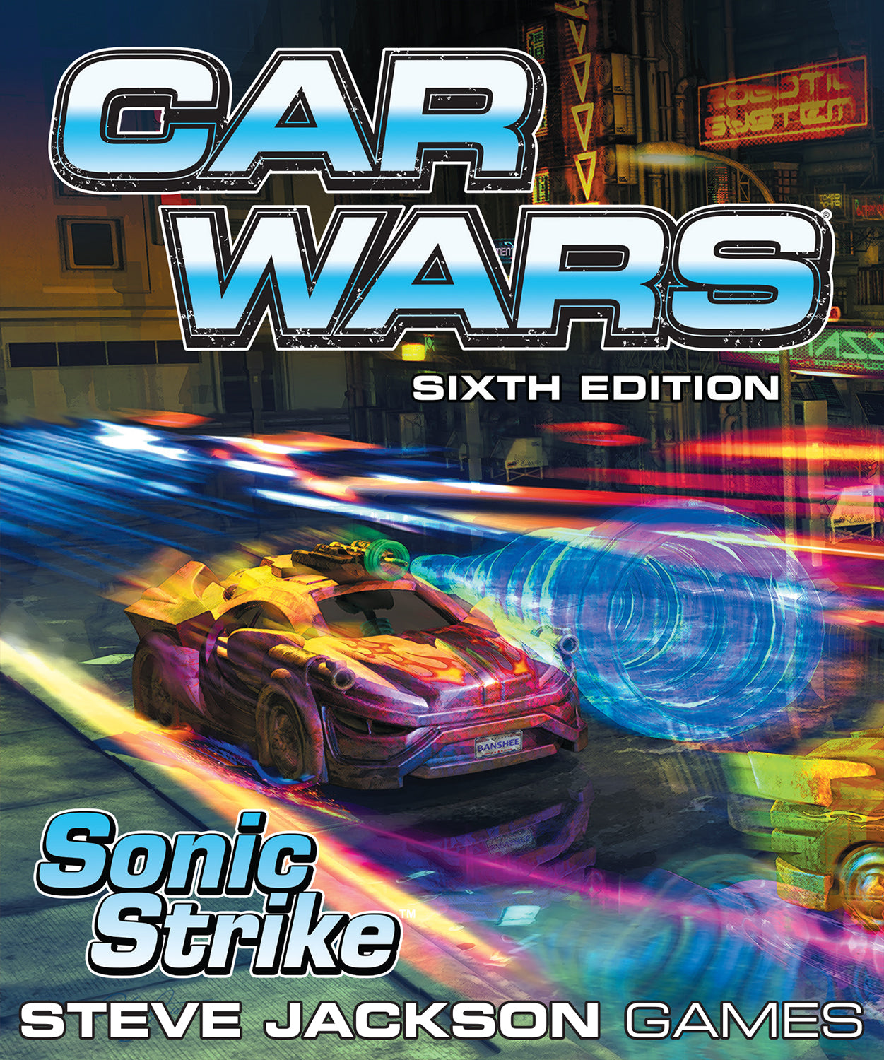 Car Wars Sixth Edition: Sonic Strike, a purple futuristic combat car speeds through a dark cyberpunk city, leaving light trails and a blue energy vortex Steve Jackson Games
