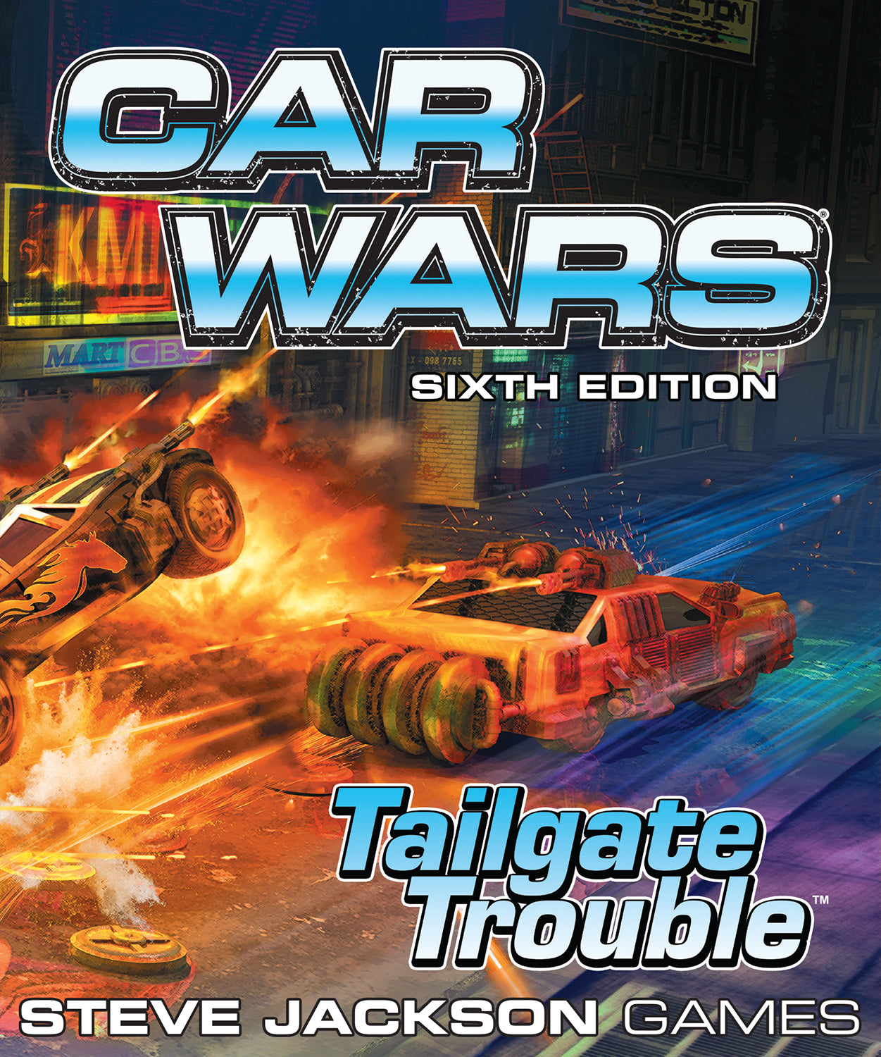 Car Wars Sixth Edition: Tailgate Trouble cover art, two armed vehicles in a fiery urban battle; one flies through flames, another fires weapons