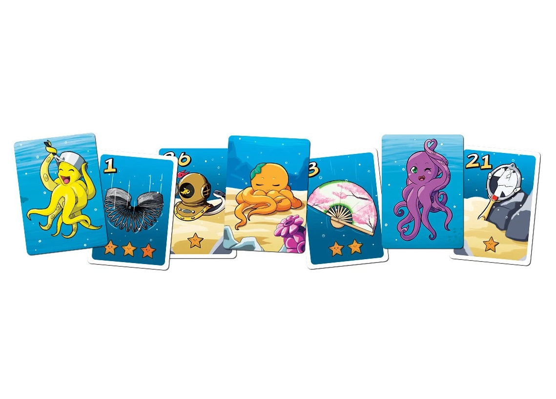 Six vibrant game cards feature various cartoon octopuses, a slinky, diver helmet, and fan, set underwater.