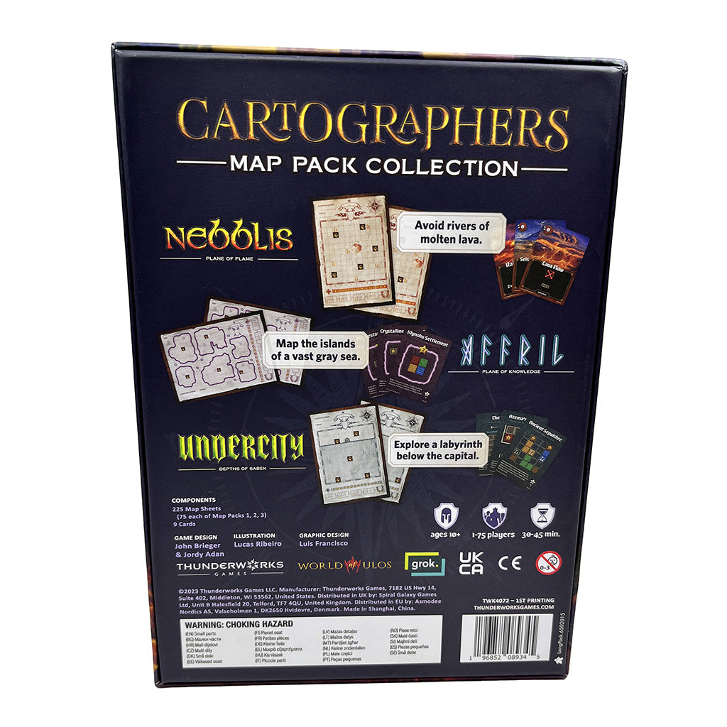 The back of the Cartographers Map Pack Collection game box features map examples from Neboils, Undercity, and Affril, along with component lists, player count, and age rating