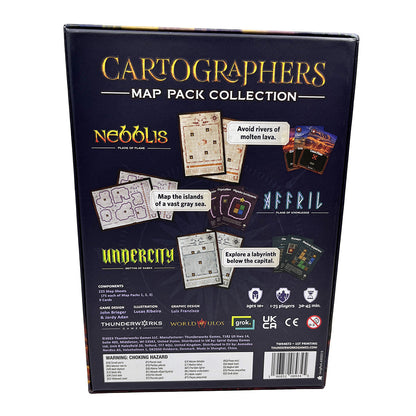 The back of the Cartographers Map Pack Collection game box features map examples from Neboils, Undercity, and Affril, along with component lists, player count, and age rating