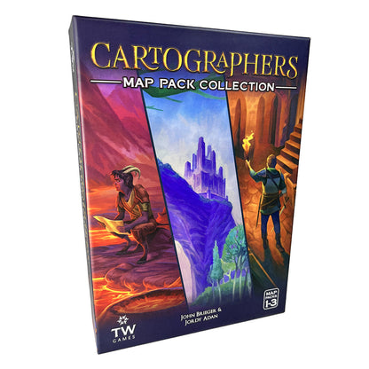 An angled view of the Cartographers Map Pack Collection box, featuring vibrant fantasy art with a satyr, a glowing castle, and a torchlit explorer
