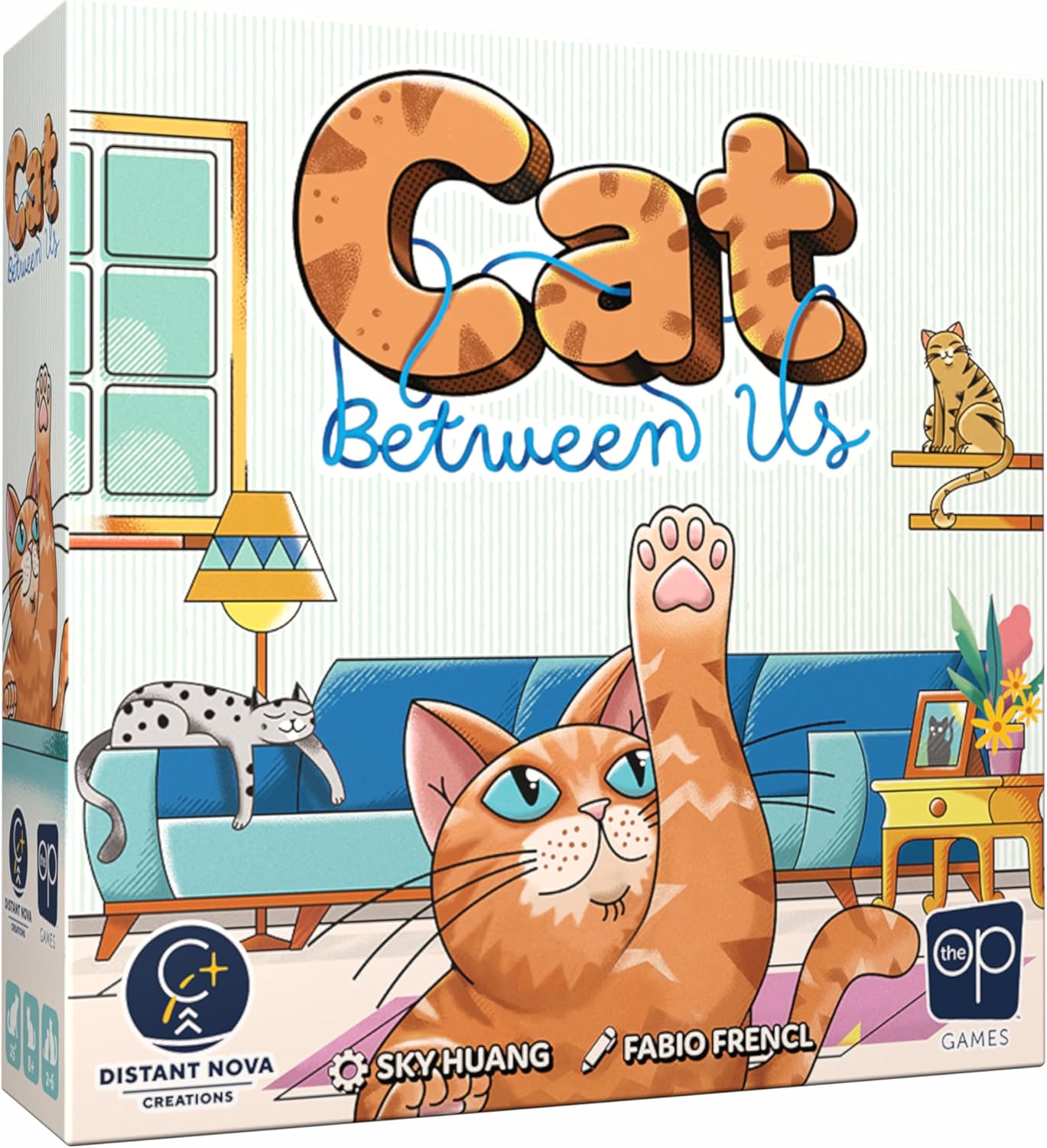 Box cover for "Cat Between Us," showing a large orange cat stretching its paw in a colorful living room