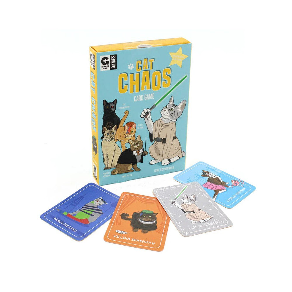A light blue "Cat Chaos" card game box and four fanned cards, depicting cats as famous figures