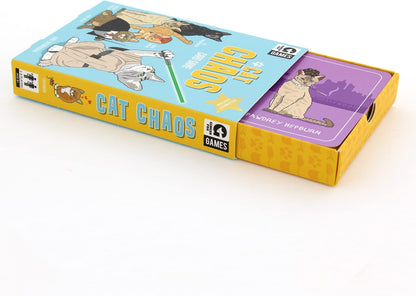 Open "Cat Chaos Celebrity Edition" card game box, displaying cartoon celebrity cats and a 'Pawdrey Hepburn' card