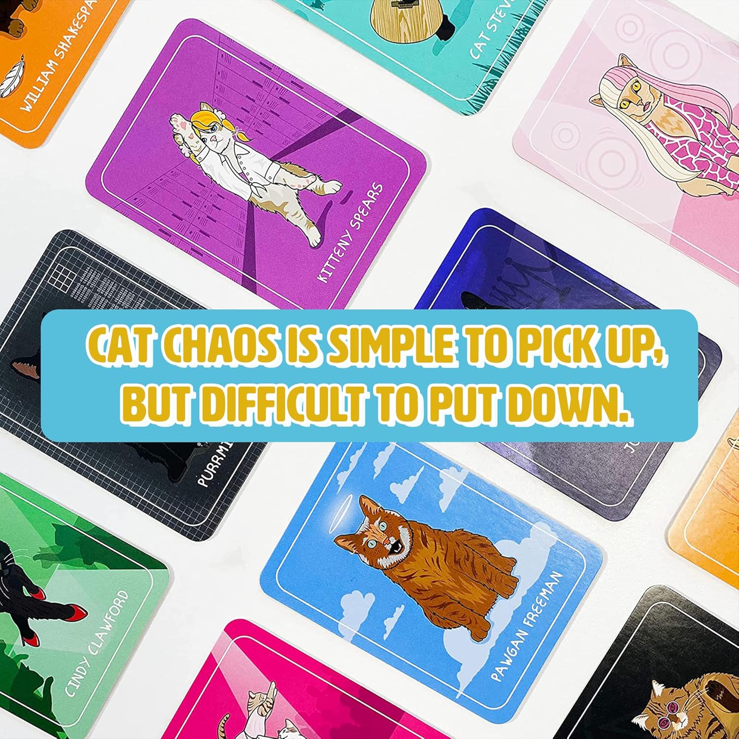 Scattered 'Cat Chaos' playing cards featuring celebrity cat illustrations, with a blue banner reading: "CAT CHAOS IS SIMPLE TO PICK UP, BUT DIFFICULT TO PUT DOWN"