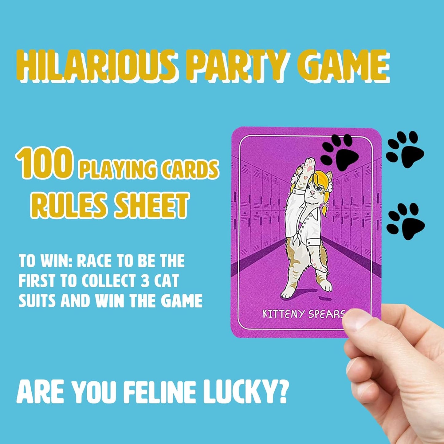 Hand holds a game card with "Kitteny Spears," a cat resembling Britney Spears in a schoolgirl outfit, for a party game
