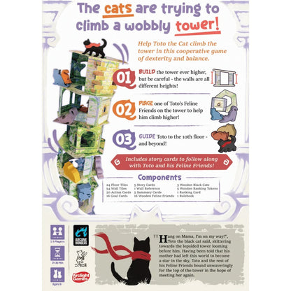Board game cover showing a black cat on a wobbly, multi-level tower, with other colored cat pawns on lower tiers