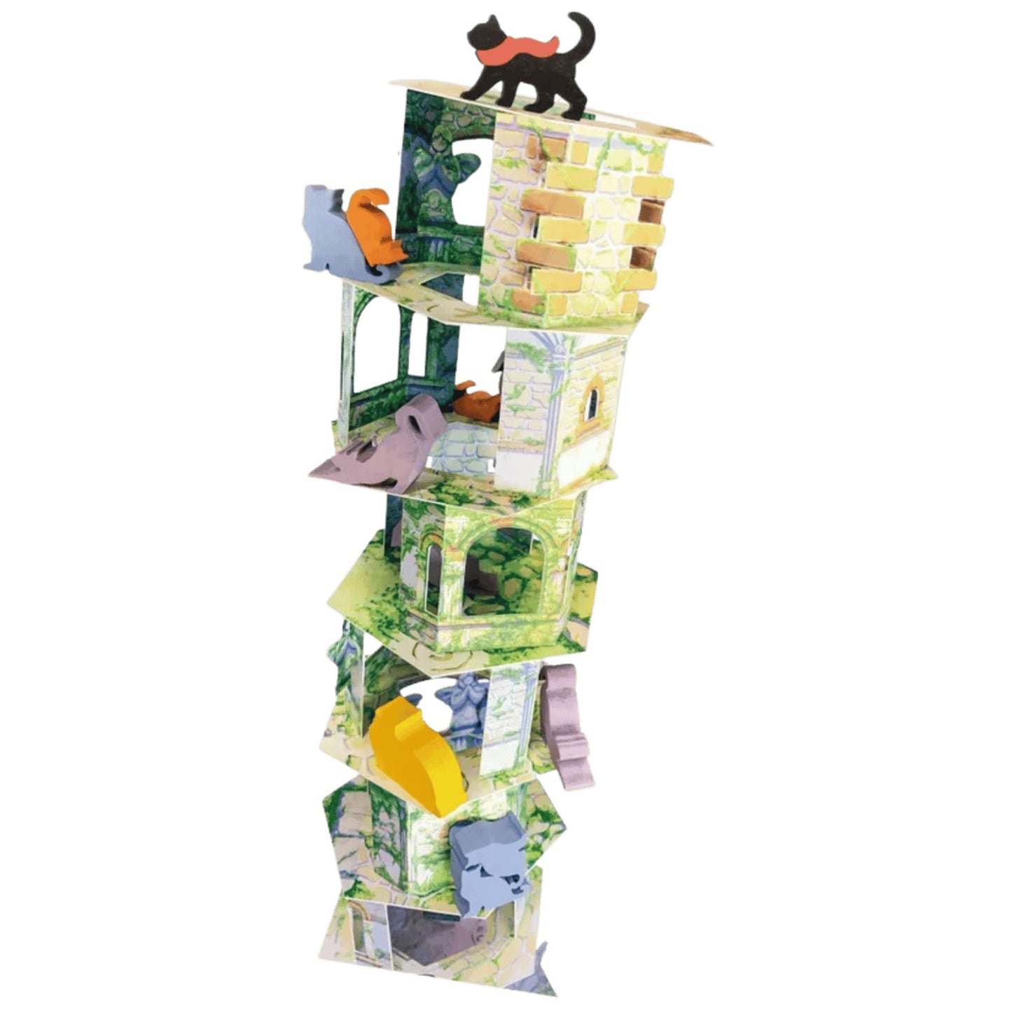 A black cat with an orange scarf stands on a tall, unstable tower of mossy castle ruins. Other colorful animal game pieces are on its levels