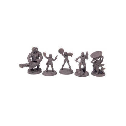 Five unpainted grey miniatures: horned beast with heavy gun, woman with two shields, swordsman, and gnome with dish antenna.