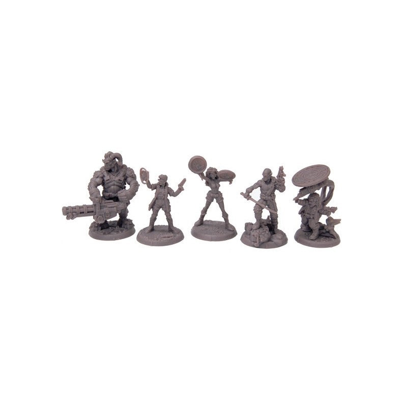 Five unpainted grey miniatures: horned beast with heavy gun, woman with two shields, swordsman, and gnome with dish antenna.