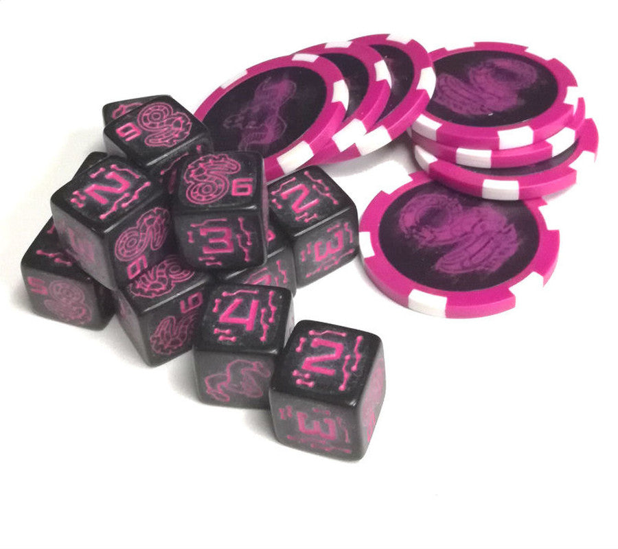 Ten black plastic dice with hot pink markings and ten hot pink poker chips with white stripe detail and a dark pink brain graphic