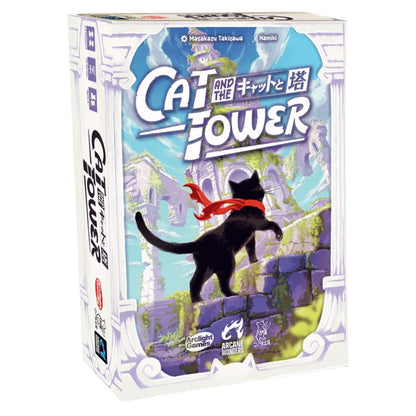 Board game box for Cat and the Tower, depicting a black cat with a red scarf climbing mossy ancient ruins