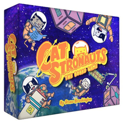 Catstronauts board game box: Cartoon cats in astronaut suits float in space around Earth and geometric spacecraft