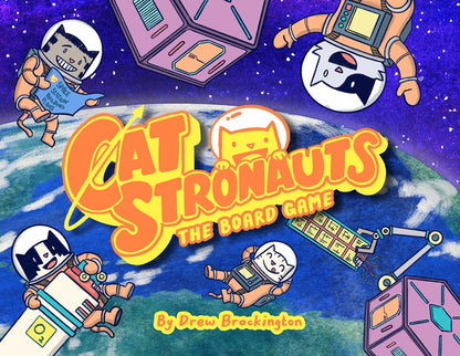 Cartoon cat astronauts float in space, building a station around Earth. Title: "Catstronauts The Board Game"