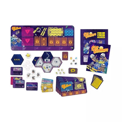 Cat Stronauts board game components: purple main board, hex tiles, various cards, rulebook, and cat astronaut tokens