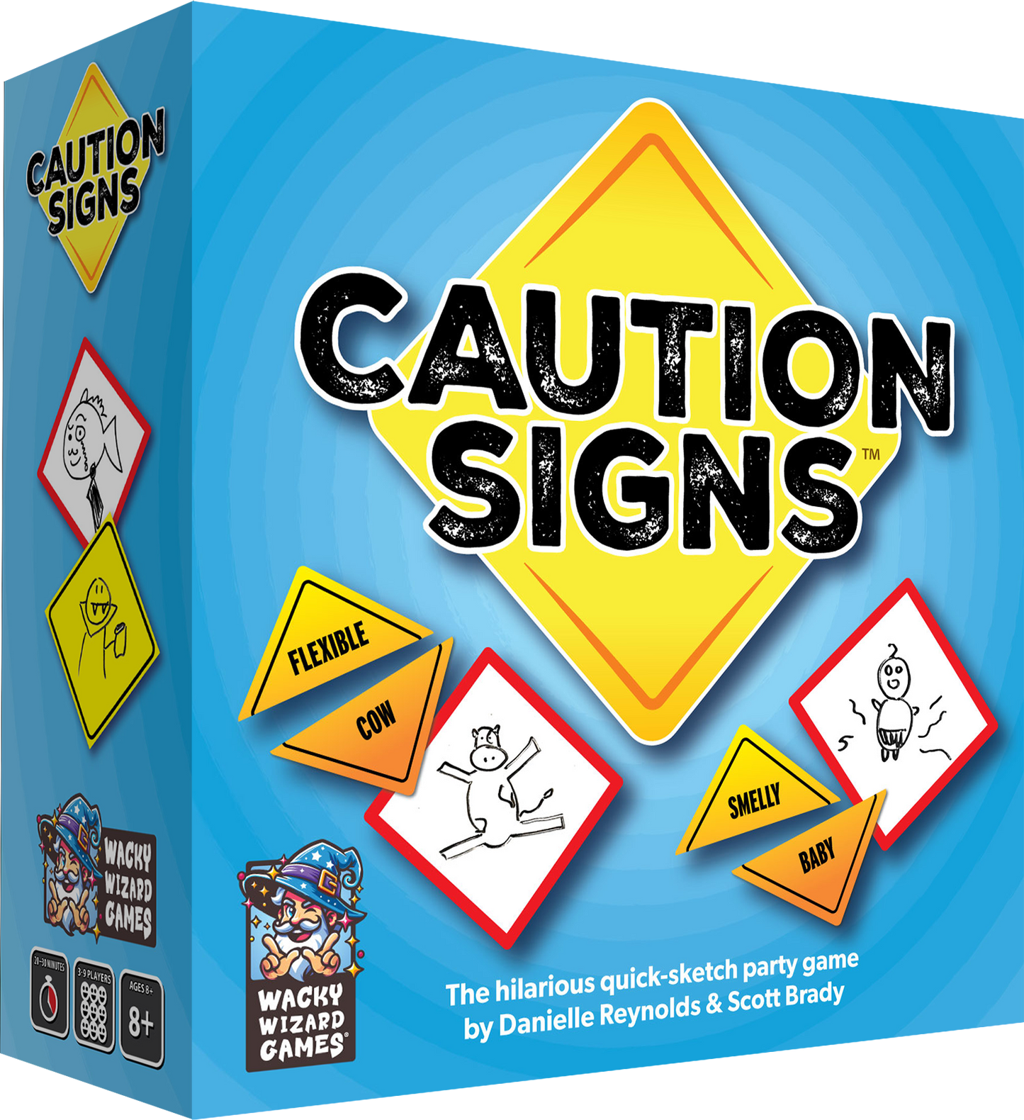 Caution Signs board game box featuring a yellow diamond logo game components showing Flexible Cow and Smelly Baby sketches and player details