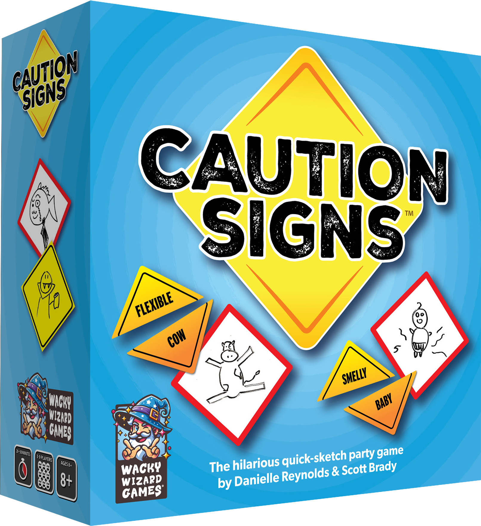 Caution Signs board game box featuring a yellow diamond logo game components showing Flexible Cow and Smelly Baby sketches and player details