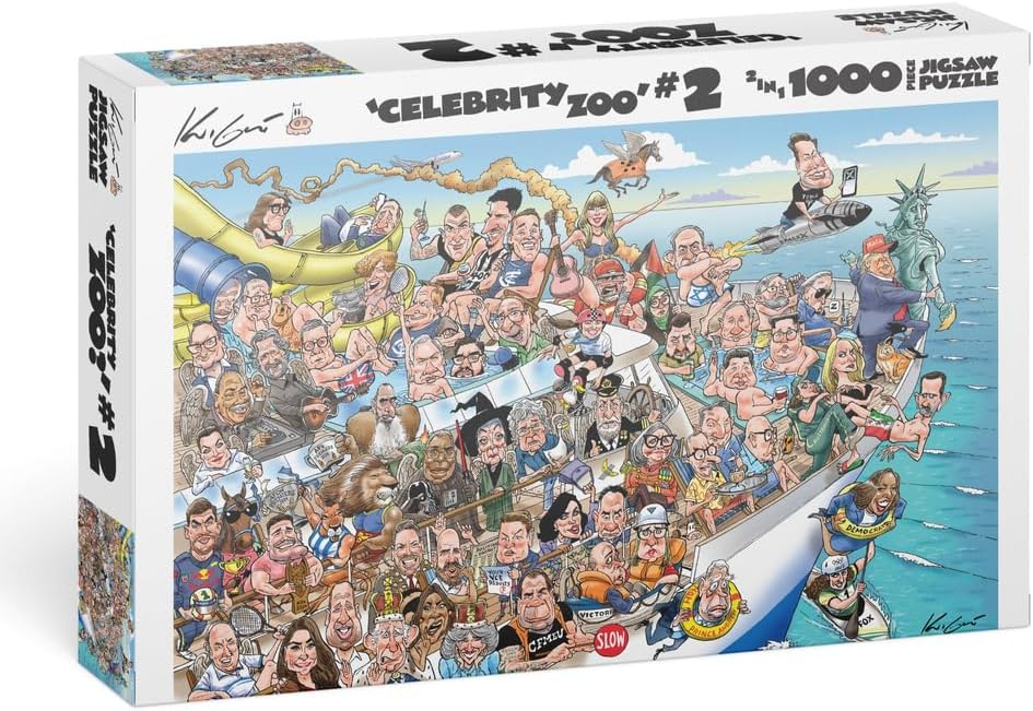 Jigsaw puzzle box, "Celebrity Zoo #2," showing a busy illustration of many caricatured public figures on a crowded boat