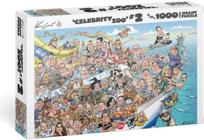 Jigsaw puzzle box, "Celebrity Zoo #2," showing a busy illustration of many caricatured public figures on a crowded boat