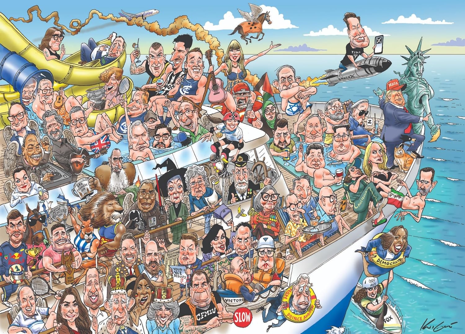 Satirical illustration of a crowded yacht filled with caricatures of global figures in humorous and chaotic scenes