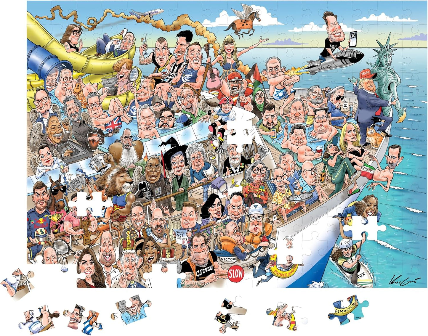 Satirical political cartoon jigsaw puzzle of caricatured world leaders and celebrities on a crowded boat with missing pieces