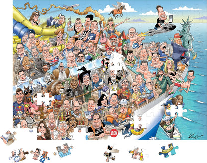 Satirical political cartoon jigsaw puzzle of caricatured world leaders and celebrities on a crowded boat with missing pieces