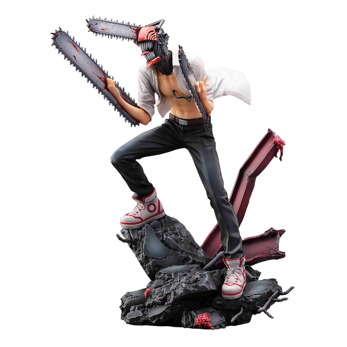 Denji Chainsaw Man figure in dynamic pose, chainsaws for head and arms, bloody, on rubble base