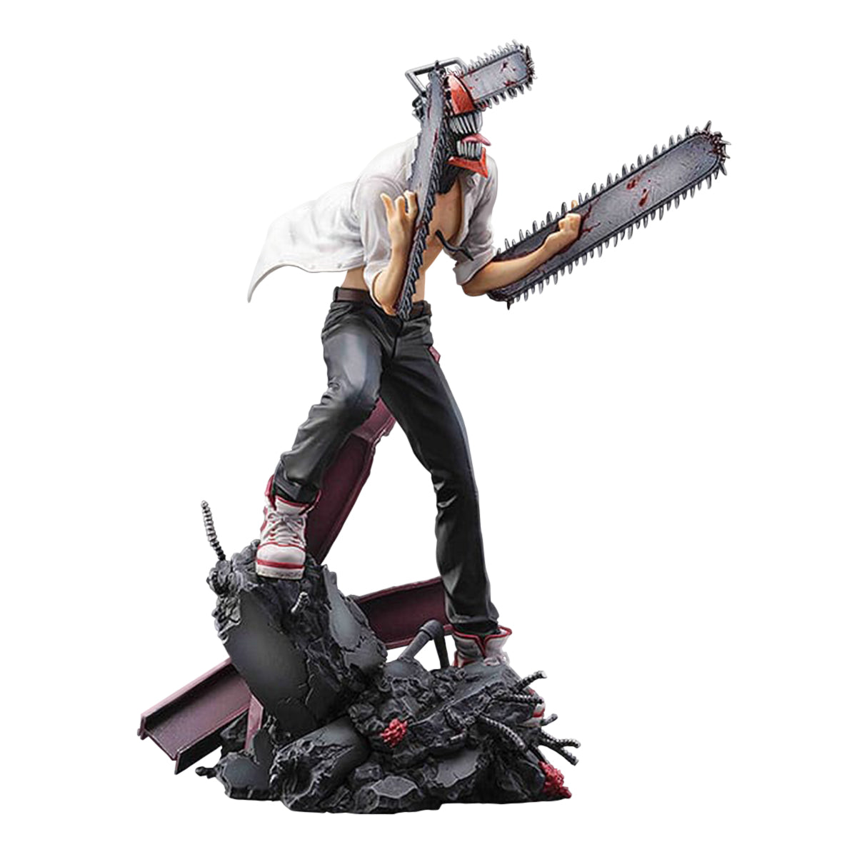 Chainsaw Man figurine with a chainsaw head and arm blades, wearing an open white shirt, standing on a rubble base
