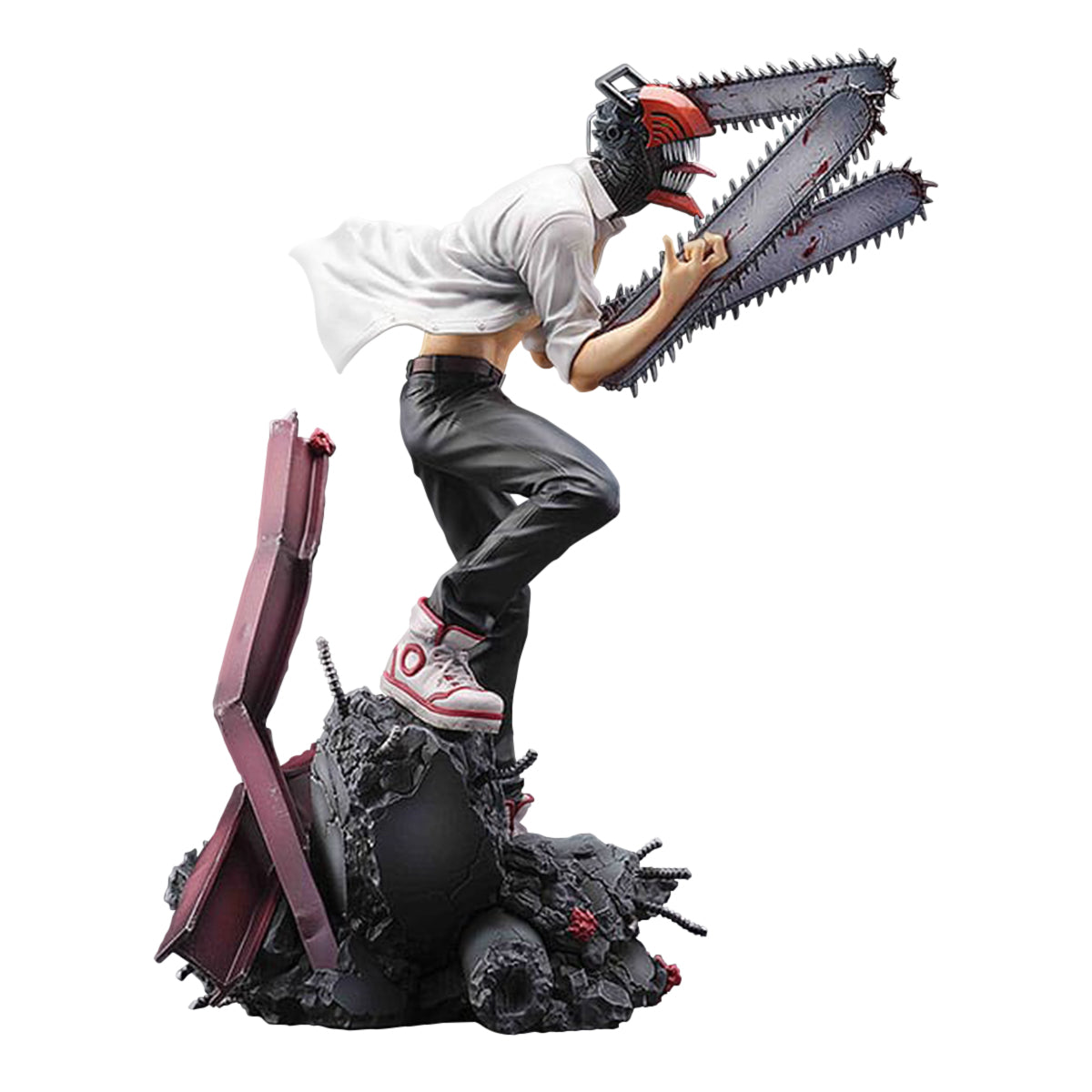 Figure: Character with red chainsaw head, arm chainsaws, open white shirt, dynamically posed on a ruined base
