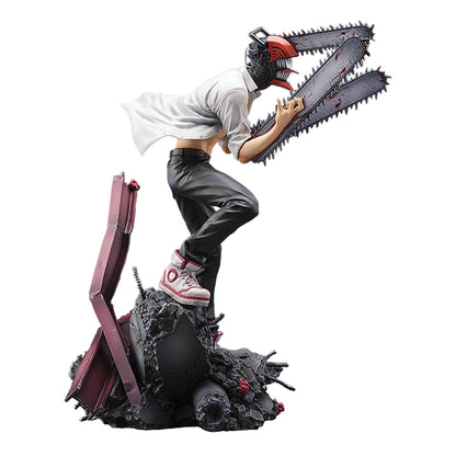 Figure: Character with red chainsaw head, arm chainsaws, open white shirt, dynamically posed on a ruined base
