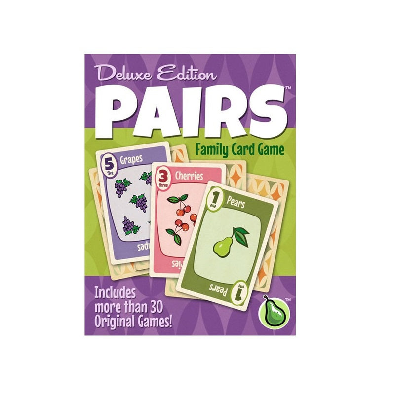 Box art for PAIRS Deluxe Edition Family Card Game, with colourful cards featuring grapes, cherries, and a pear