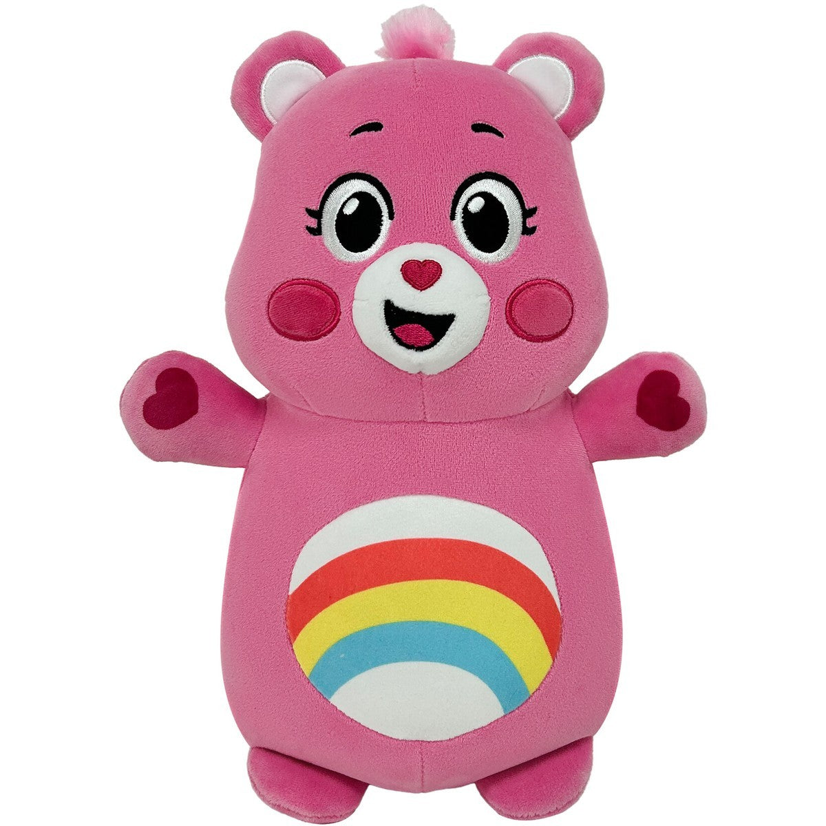 Cheer Bear plush toy, bright pink stuffed animal with a rainbow belly badge and small pink pom pom on head