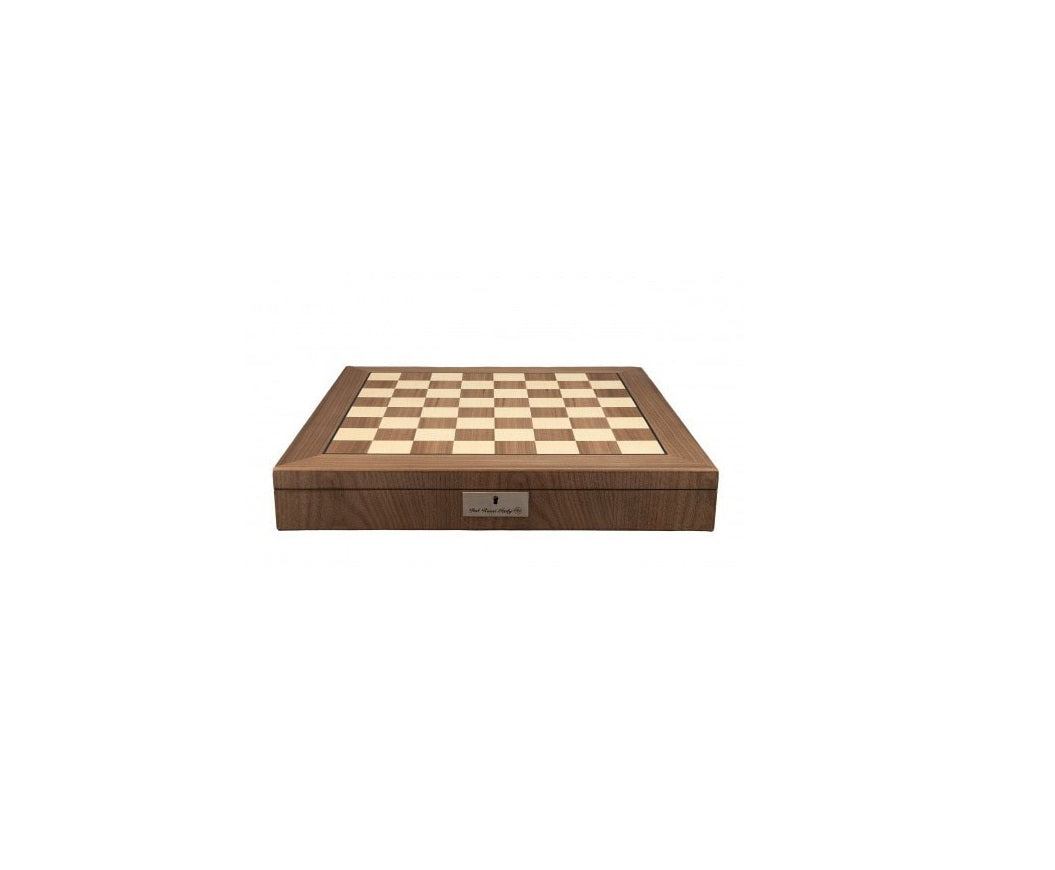 An empty wooden chessboard with light and dark squares, set within a dark wood box frame