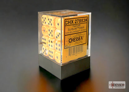 Clear block of 36 Sunburst yellow Chessex d6 dice with black pips and an product label